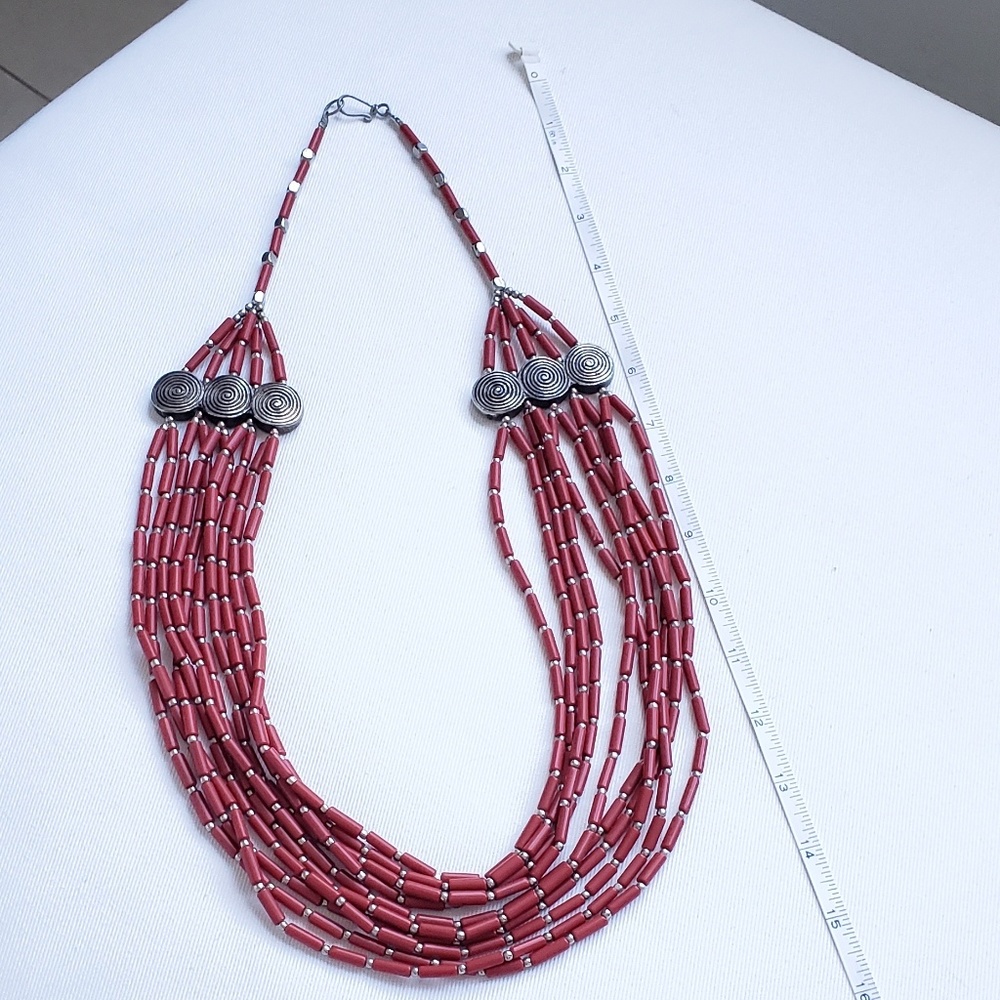 Long Red Beaded and Silver Necklace